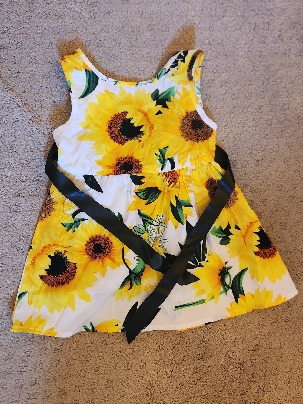 Sunflower Print Sleeveless Dress with Black Sash